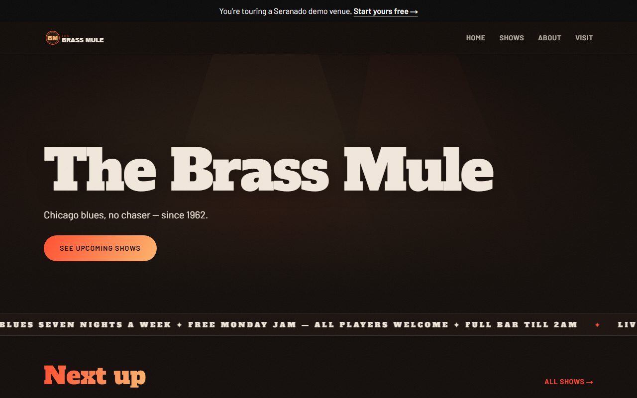 The Ember theme on a demo venue homepage