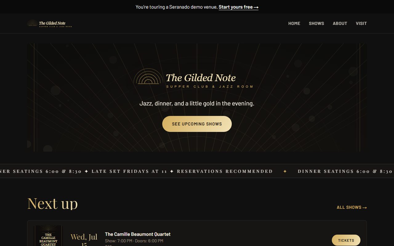 The Velvet theme on a demo venue homepage