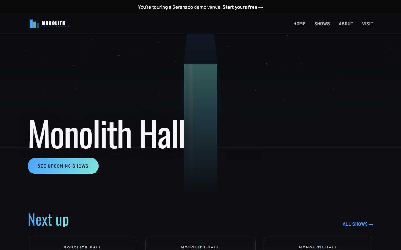 The Marquee theme on a demo venue homepage