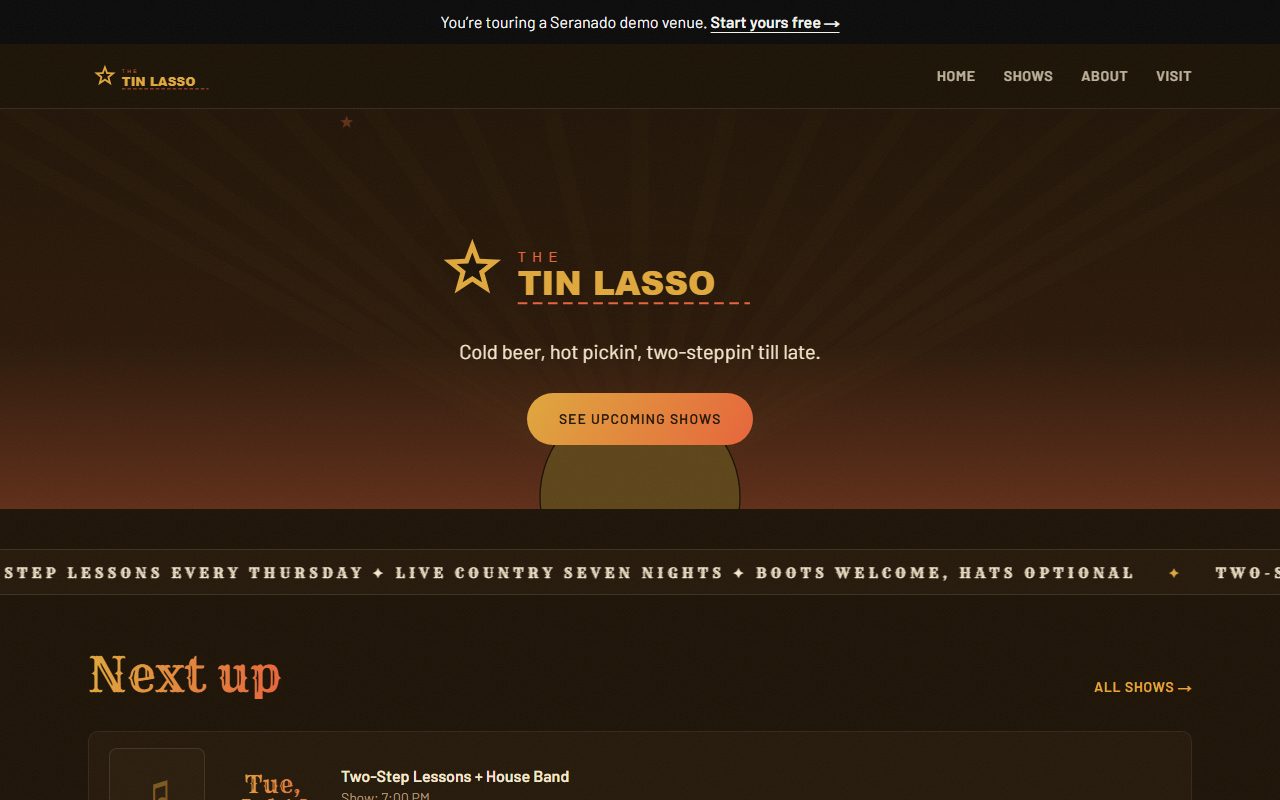 The Sawdust theme on a demo venue homepage